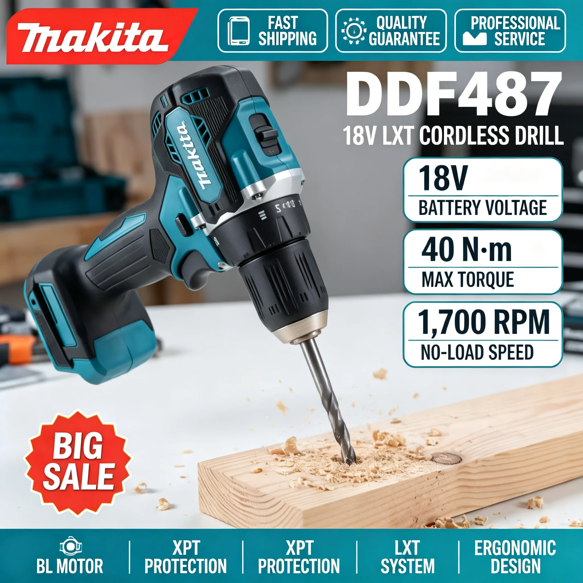 Brushless Cordless Electric Drill 18V - Furadeira sem fio Makita DDF487 18V,